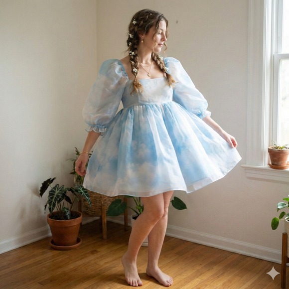 Selkie Dresses & Skirts - Selkie The Puff Dress Womens Plus Size 2X Clouds Blue White Organza Mini Girly